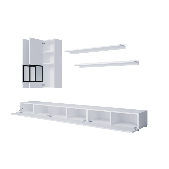 Ensemble de 7 meubles de salon collection RAMOS. Couleur blanc brillant.