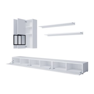 Ensemble de 7 meubles de salon collection RAMOS. Couleur blanc brillant.