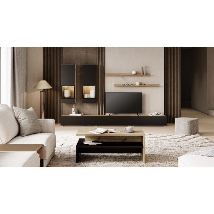 Ensemble salon complet RAMOS – Chêne et noir – 7 meubles avec LED multicolore intégrée