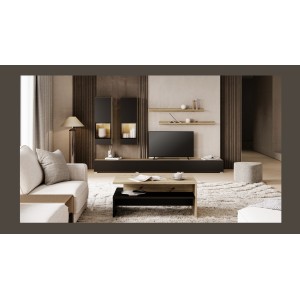 Ensemble salon complet RAMOS – Chêne et noir – 7 meubles avec LED multicolore intégrée