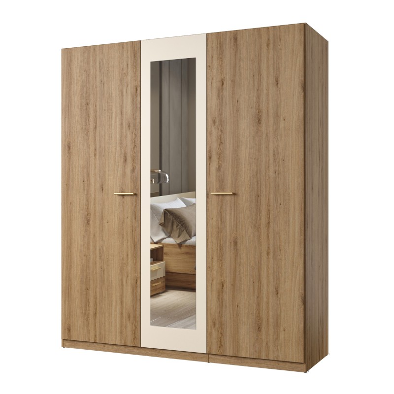 Armoire 3 portes 179x215 cm – Chêne sauvage et beige sable – Avec miroir central