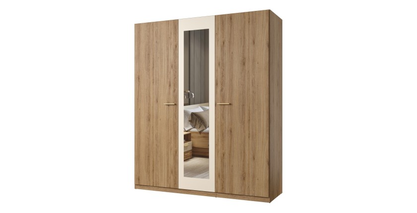 Armoire 3 portes 179x215 cm – Chêne sauvage et beige sable – Avec miroir central