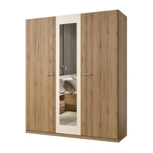 Armoire 3 portes 179x215 cm – Chêne sauvage et beige sable – Avec miroir central