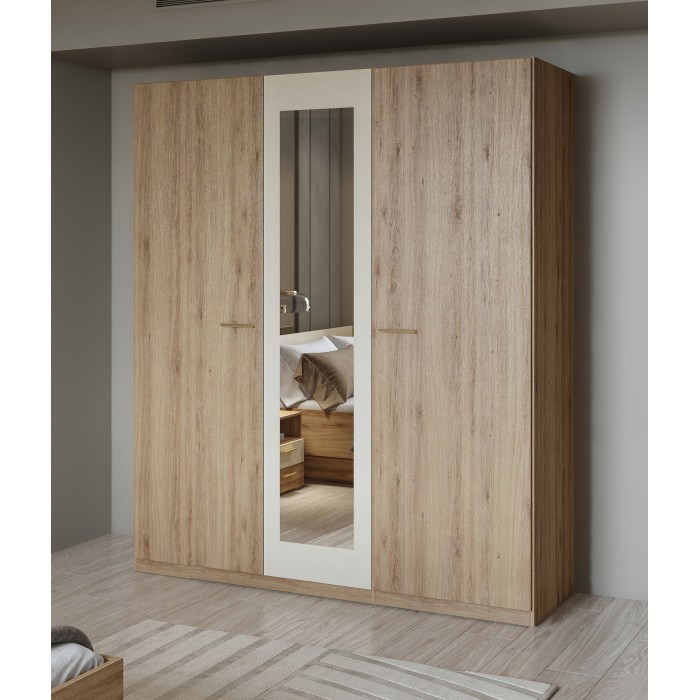 Armoire 3 portes 179x215 cm – Chêne sauvage et beige sable – Avec miroir central