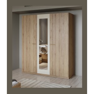 Armoire 3 portes 179x215 cm – Chêne sauvage et beige sable – Avec miroir central