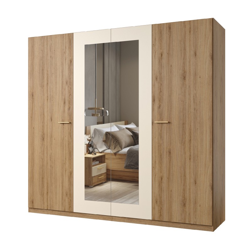 Armoire VERTIGO – 4 portes avec miroir – 228x215 cm – Chêne sauvage et beige sable