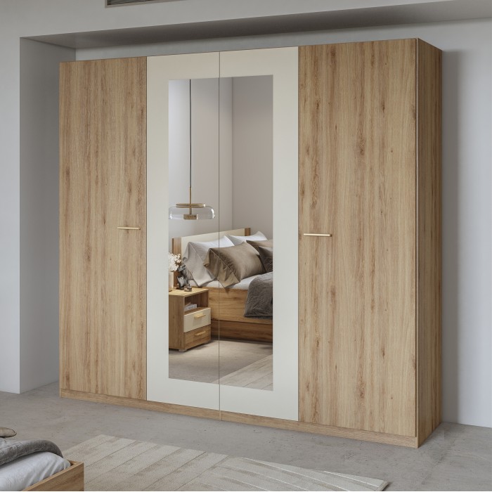 Armoire VERTIGO – 4 portes avec miroir – 228x215 cm – Chêne sauvage et beige sable