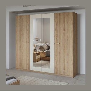 Armoire VERTIGO – 4 portes avec miroir – 228x215 cm – Chêne sauvage et beige sable
