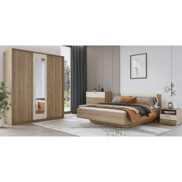 Table de chevet VERTIGO – 2 tiroirs + 1 niche – Chêne sauvage et beige sable – Poignées dorées