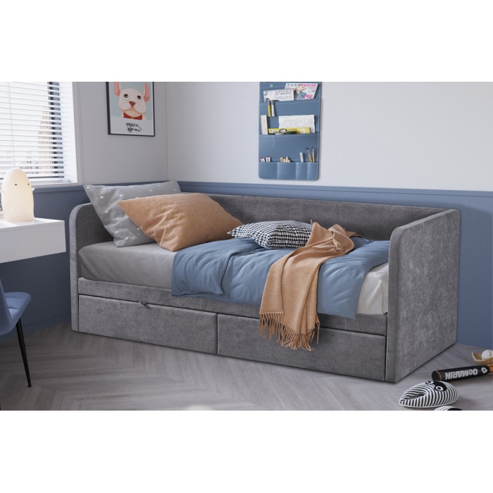 Lit PARME 90x200 cm – Tissu gris – Sommier inclus – Design moderne et structure robuste
