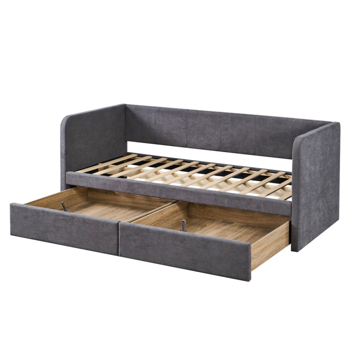 Lit PARME 90x200 cm – Tissu gris – Sommier inclus – Design moderne et structure robuste