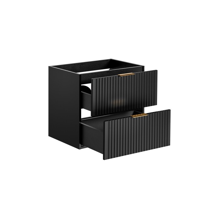 Meuble sous vasque NOXERA – 60 cm – 2 tiroirs – Noir mat – Design rainuré suspendu 