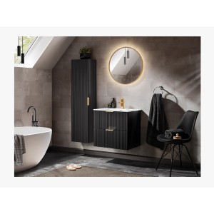 Meuble sous vasque NOXERA – 60 cm – 2 tiroirs – Noir mat – Design rainuré suspendu 