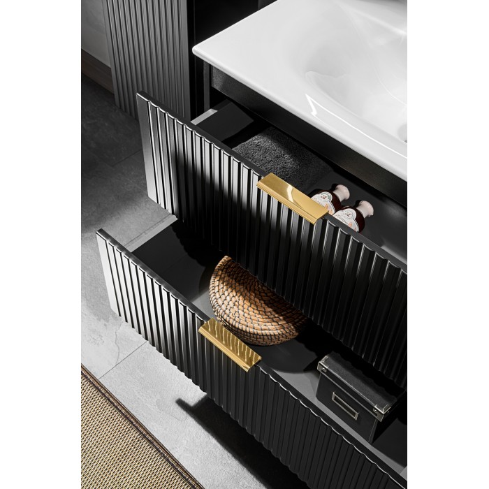 Meuble sous vasque NOXERA – 60 cm – 2 tiroirs – Noir mat – Design rainuré suspendu 