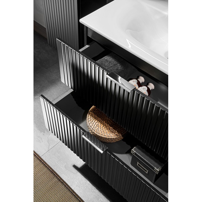 Meuble sous vasque NOXERA – 60 cm – 2 tiroirs – Noir mat – Design rainuré suspendu 