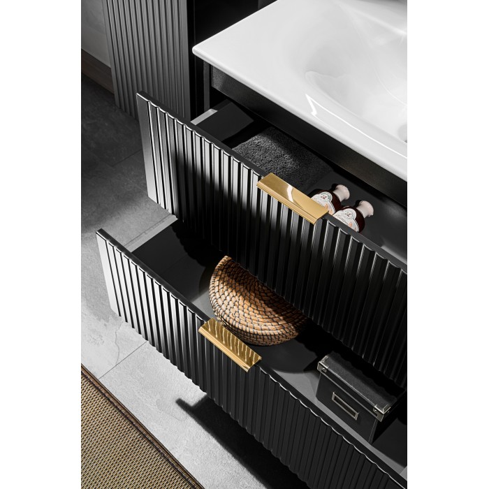 Meuble sous vasque NOXERA – 80 cm – 2 tiroirs – Noir mat – Finition rainurée suspendue 