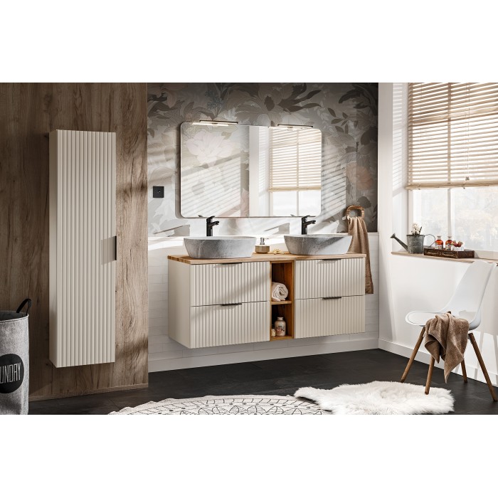 Colonne de salle de bain suspendue NOXERA – 1 porte – Beige mat – Hauteur 140 cm 