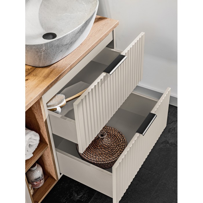 Meuble sous vasque NOXERA – 80 cm – 2 tiroirs – Beige mat – Finitions haut de gamme suspendues 