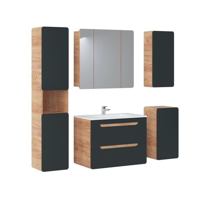 Meuble sous vasque suspendu ERBANO – 80 cm – Coloris chêne clair et gris anthracite 