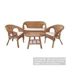 Salon de jardin en rotin collection SIENNE – Canapé 2 places, 2 fauteuils et table – Élégance naturelle et confort