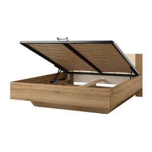 Lit coffre VERTIGO – 160x200 cm – Chêne sauvage et beige sable – Avec pied design et sommier inclus