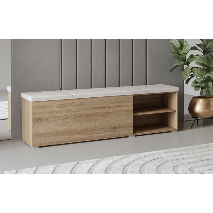 Banc-coffre VERTIGO – Assise rembourrée – Chêne sauvage et beige sable – Rangement pratique