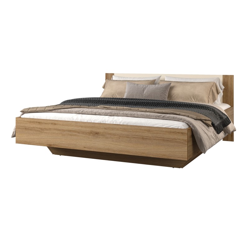 Lit VERTIGO – 160x200 avec sommier inclus – Chêne sauvage et beige sable – Pied de lit design