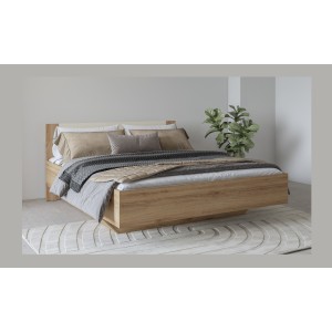 Lit VERTIGO – 160x200 avec sommier inclus – Chêne sauvage et beige sable – Pied de lit design