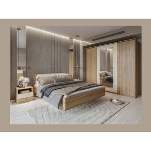 Lit VERTIGO – 160x200 avec sommier inclus – Chêne sauvage et beige sable – Pied de lit design