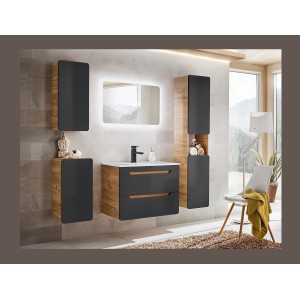 Meuble de rangement salle de bain ERBANO – 75 cm – Suspendu – Coloris chêne clair et gris anthracite 