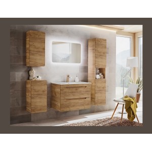 Meuble de rangement salle de bain ERBANO – 1 porte – Coloris chêne clair – Compact et suspendu 