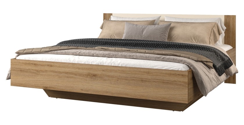 Lit VERTIGO – 180x200 cm avec sommier inclus – Chêne sauvage et beige sable – Pied de lit design