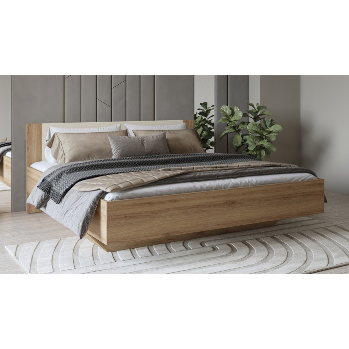 Lit VERTIGO – 180x200 cm avec sommier inclus – Chêne sauvage et beige sable – Pied de lit design