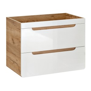 Meuble sous vasque ERBANO – Chêne clair et blanc brillant – 80x59 cm – 2 tiroirs – À suspendre 