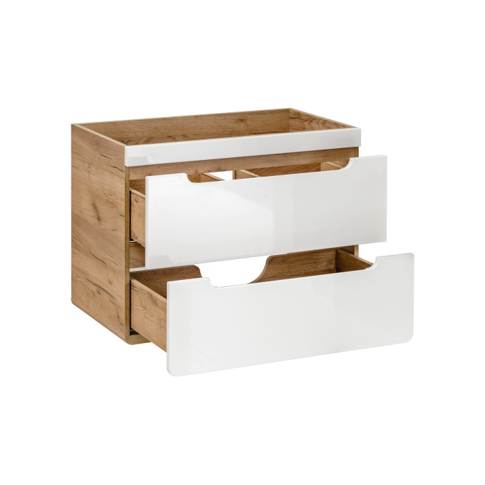 Meuble sous vasque ERBANO – Chêne clair et blanc brillant – 80x59 cm – 2 tiroirs – À suspendre 