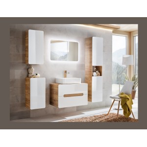 Colonne salle de bain ERBANO – Chêne clair et blanc brillant – 35x170 cm – 2 portes – À suspendre
