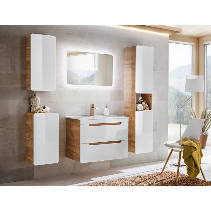 Meuble salle de bain ERBANO – Chêne clair et blanc brillant – 35x68 cm – 1 porte – À suspendre