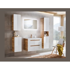 Meuble salle de bain ERBANO – Chêne clair et blanc brillant – 35x68 cm – 1 porte – À suspendre