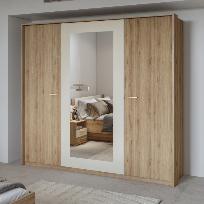 Chambre complète VERTIGO – Lit 160x200 avec sommier, 2 chevets, armoire 4 portes + contour design