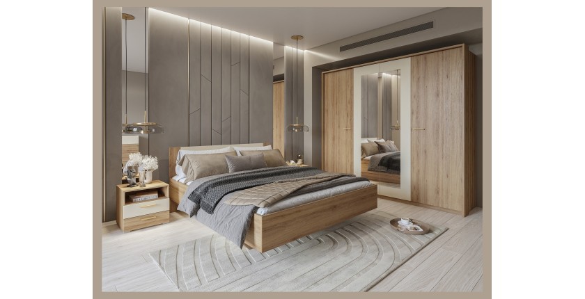 Chambre complète VERTIGO – Lit 180x200 avec sommier, 2 chevets, armoire 4 portes + contour design