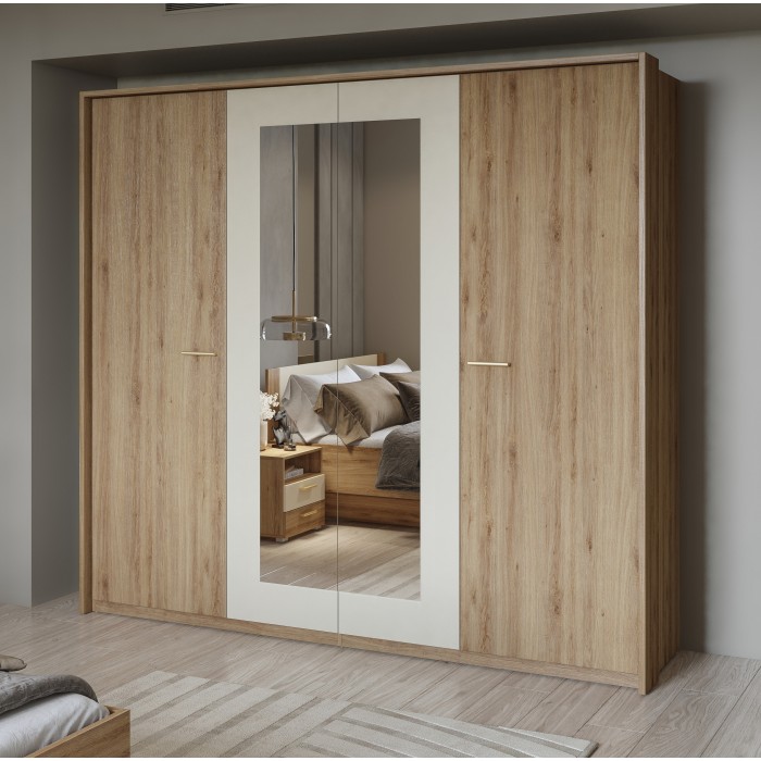 Chambre complète VERTIGO – Lit 180x200 avec sommier, 2 chevets, armoire 4 portes + contour design