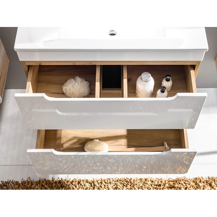 Meuble salle de bain ERBANO – Chêne clair et blanc brillant – 40x60 cm – 1 porte – À suspendre