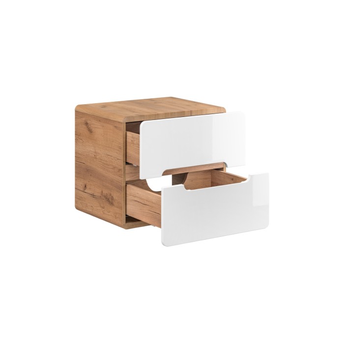 Meuble sous vasque ERBANO – Chêne clair et blanc brillant – 60x53 cm – 2 tiroirs – À suspendre