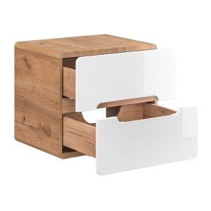 Meuble sous vasque ERBANO – Chêne clair et blanc brillant – 60x53 cm – 2 tiroirs – À suspendre