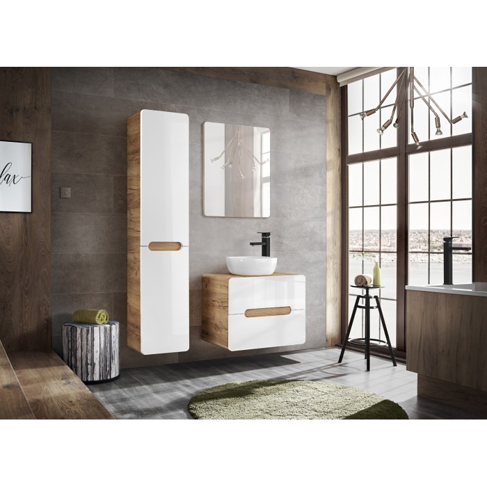 Meuble sous vasque ERBANO – Chêne clair et blanc brillant – 60x53 cm – 2 tiroirs – À suspendre