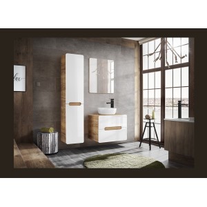 Meuble sous vasque ERBANO – Chêne clair et blanc brillant – 60x53 cm – 2 tiroirs – À suspendre