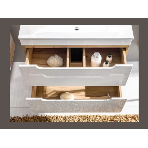 Meuble sous vasque ERBANO – Chêne clair et blanc brillant – 60x53 cm – 2 tiroirs – À suspendre