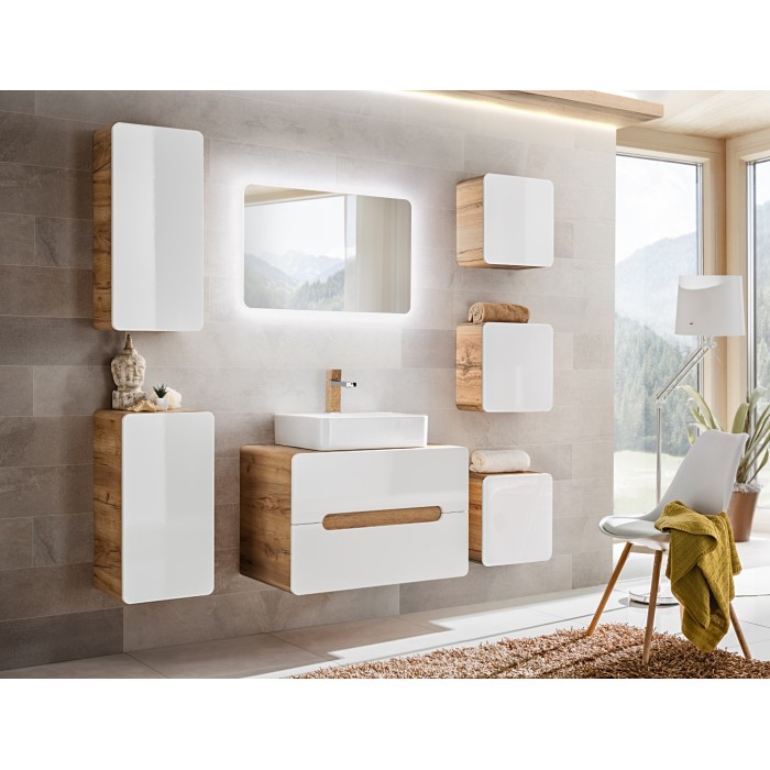 Meuble salle de bain ERBANO – Chêne clair et blanc brillant – 35x75 cm – 1 porte – À suspendre