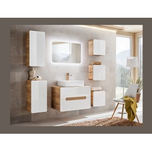 Meuble salle de bain ERBANO – Chêne clair et blanc brillant – 35x75 cm – 1 porte – À suspendre