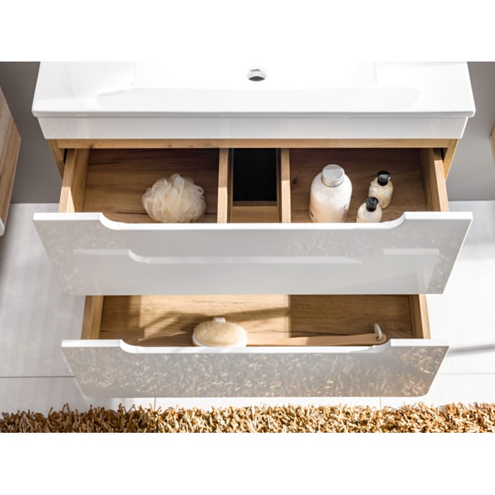 Meuble salle de bain ERBANO – Chêne clair et blanc brillant – 35x35 cm – 1 porte – À suspendre